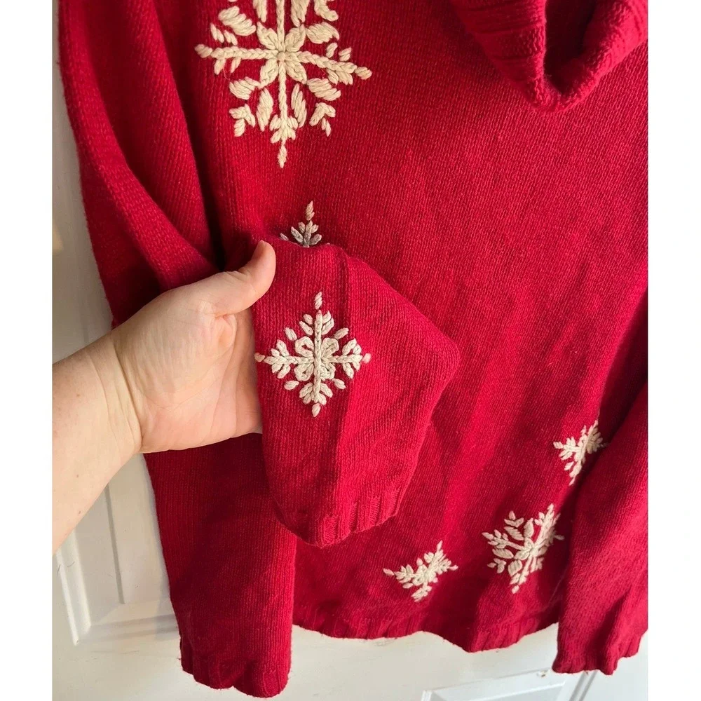 Vintage Womens Y2K Red Ramie Wool Blend Chunky Knit Turtleneck Snowflake Sweater